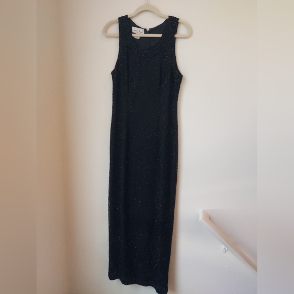 Vintage 80s Laurence Kazar Black Beaded Full Length Pencil Dress, Size M. - Picture 4 of 11